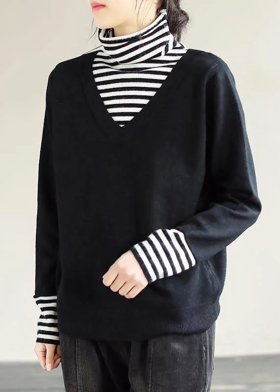 Winter  Black Sweaters Loose fitting Patchwork High Neck Knit Tops