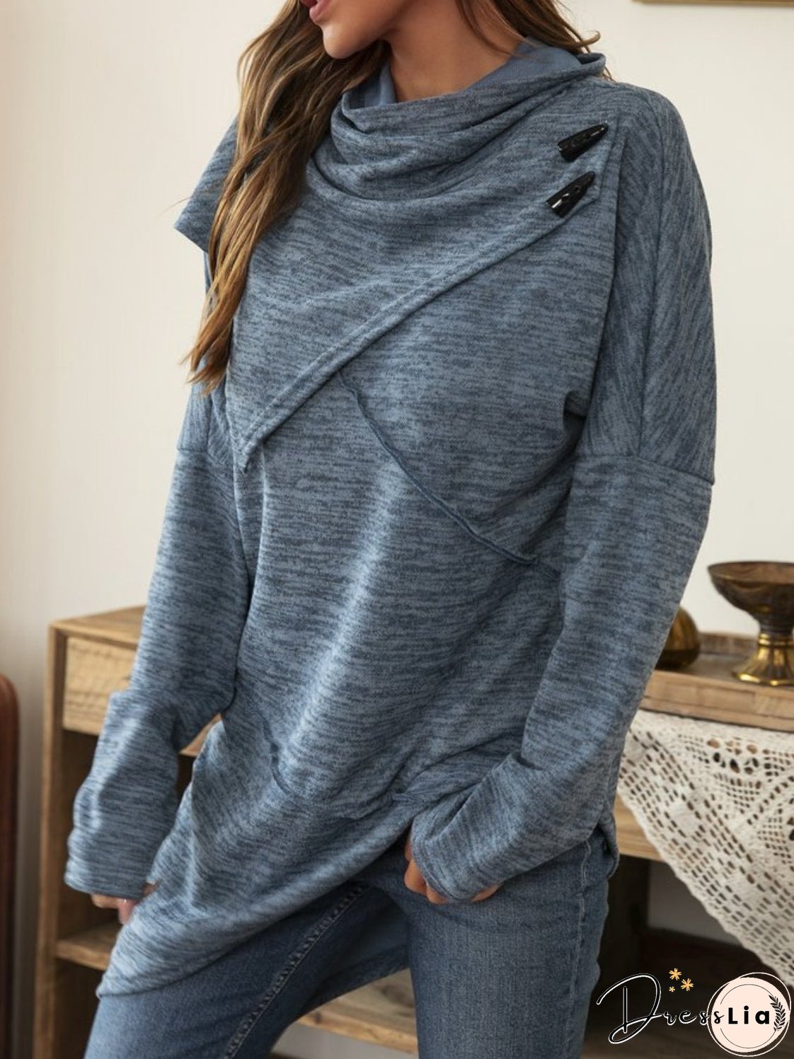 Asymmetrical Hem Cowl Neck Long Sleeve T-Shirt
