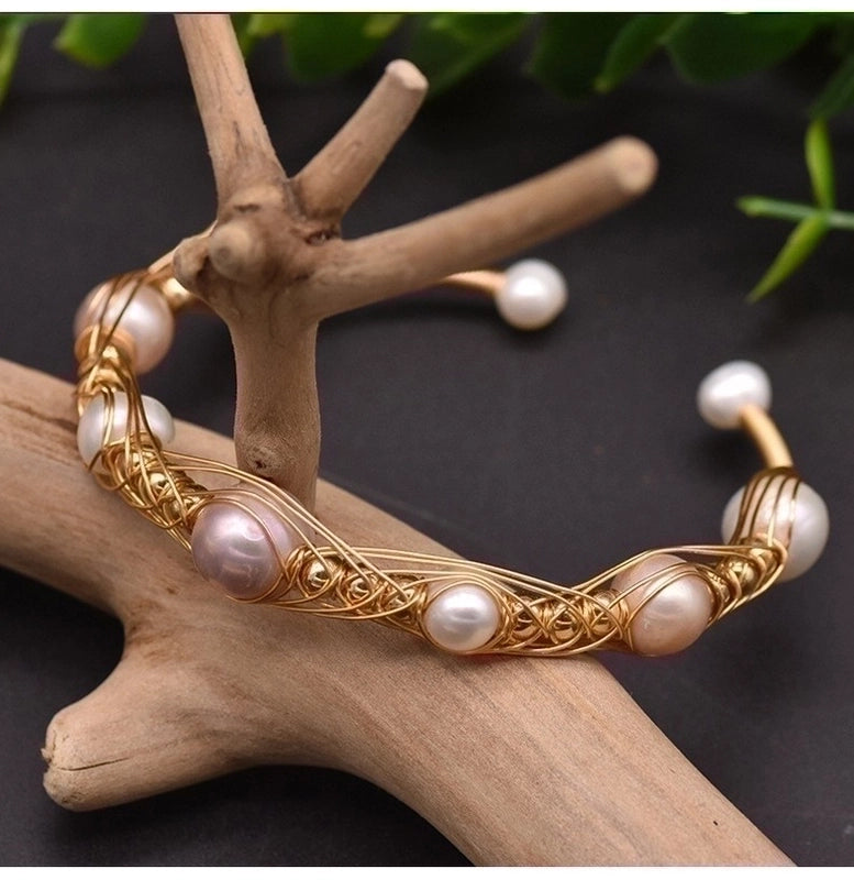 Retro Flower Copper Plating Inlay 18K Gold Plated Pearl Bangle