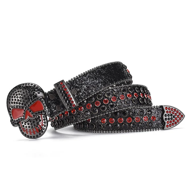 Rivet Skull Buckle Rhinestones Embellished Leather Belt at Hiphopee