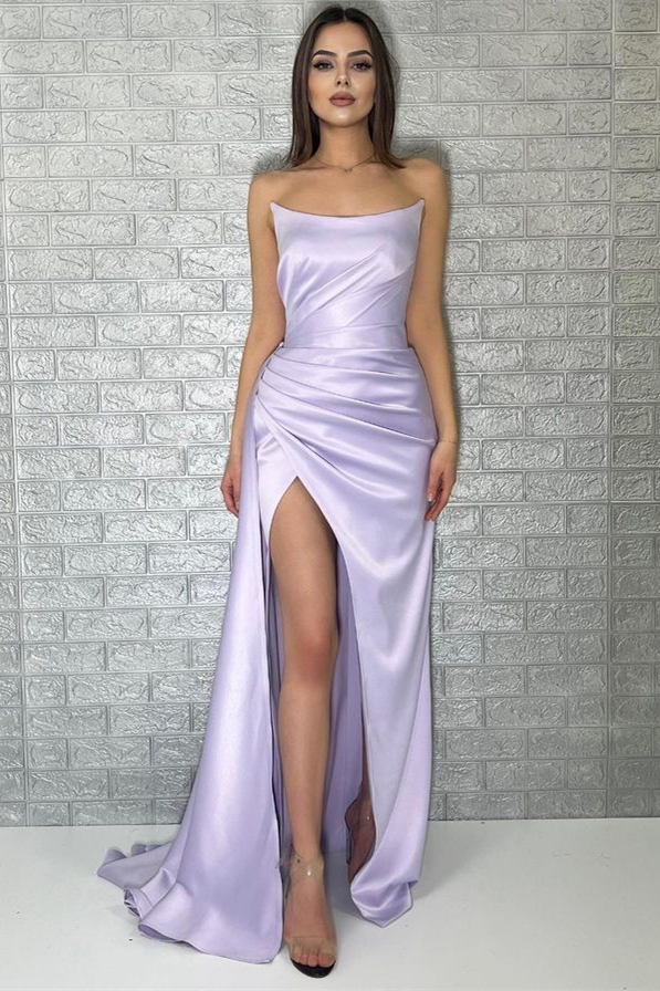 Bellasprom Light Lilac Strapless Mermaid Prom Dresses Pleats Long Split With Ruffle Bellasprom