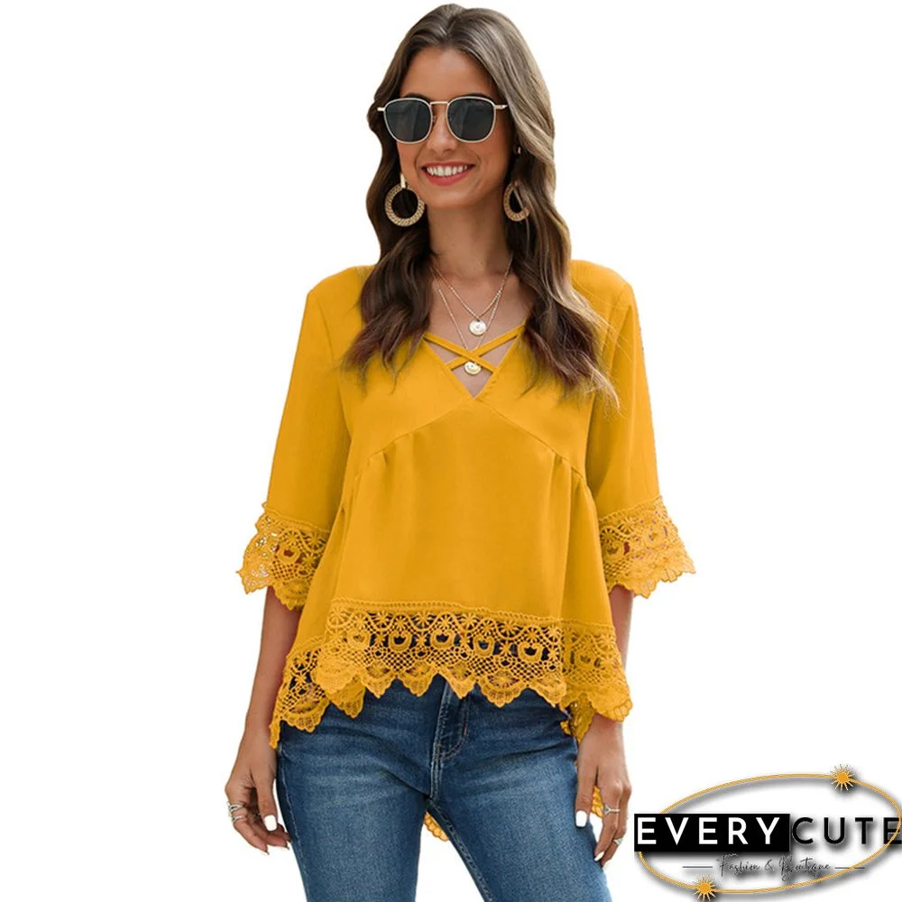 Yellow Crisscross 1/2 Sleeve Blouse