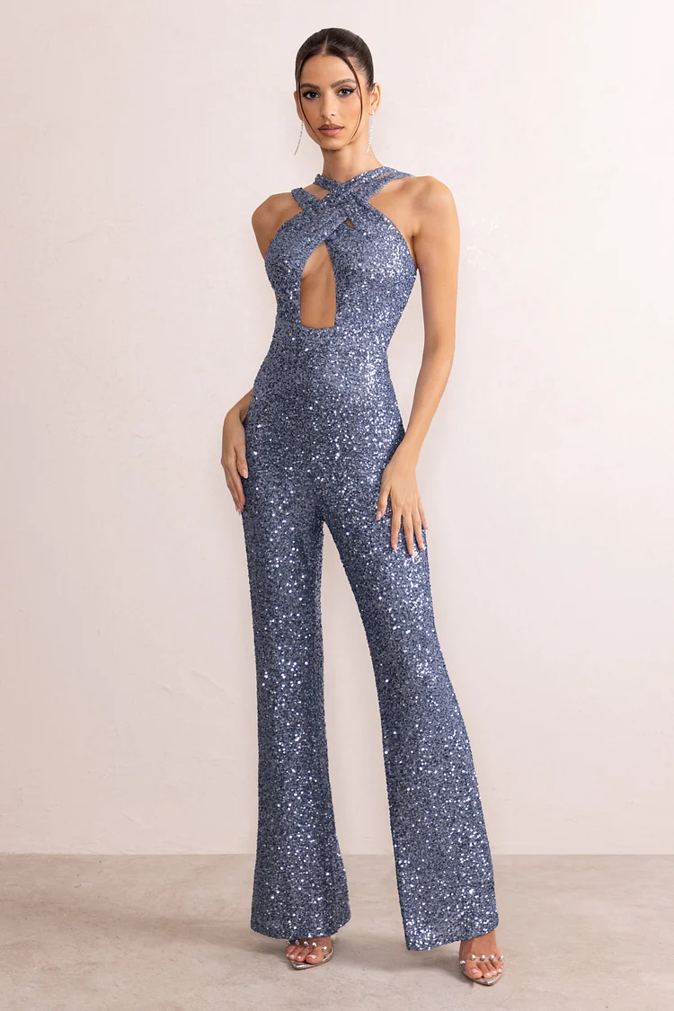 Audrey | Slate Blue Sequin Cross Front Flared Leg Jumpsuit With Keyhole ...