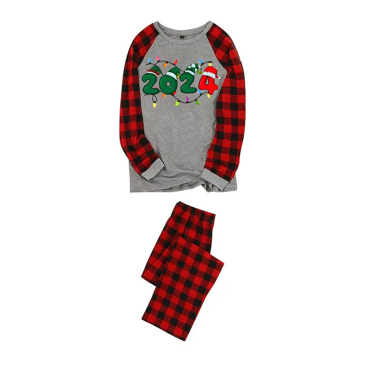 Christmas "2024" Letter Print Black & Red Plaid Family Matching Grey Pajamas With Dog bandana
