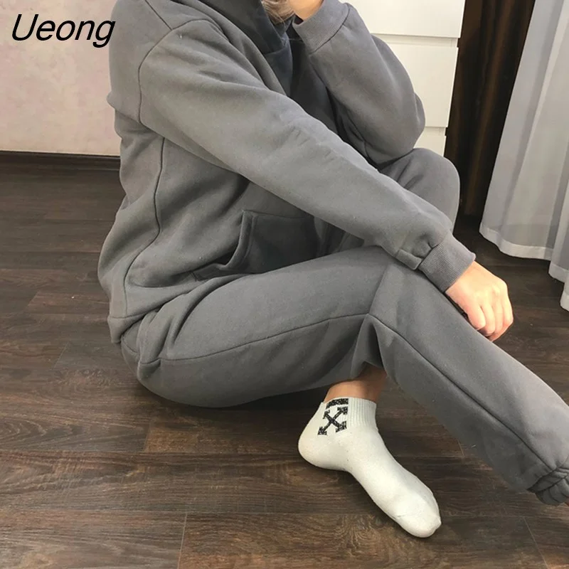 Ueong Cotton Fleece Hoodies Sets Women Autumn Winter Sport Casual Sweatshirts and Pants Two Piece Thicken Warm Hooded Tracksuit