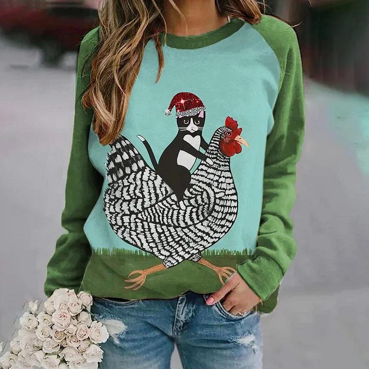 Wearshes Women's Funny Christmas Cat And Sledding Chicken Print Casual Sweatshirt