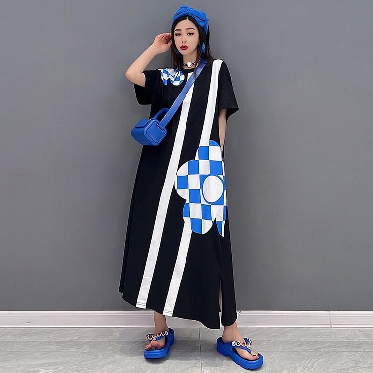 Fashion Loose O-neck Striped Print Flower Decor Short Sleeve Dress