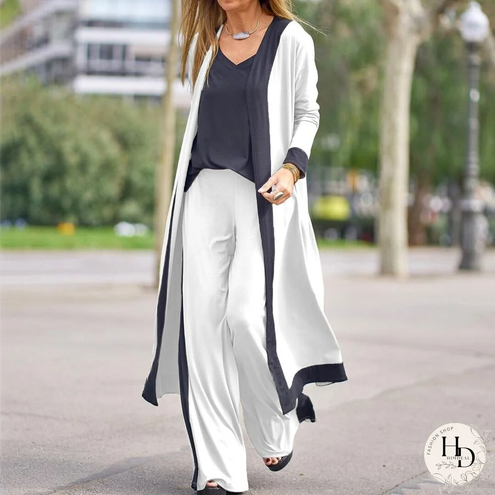 Women Long Casual Fashion Elegant Cardigan & Sling Tops & Loose Pants Sets Patchwork Lady Outfits 3Pc Sets