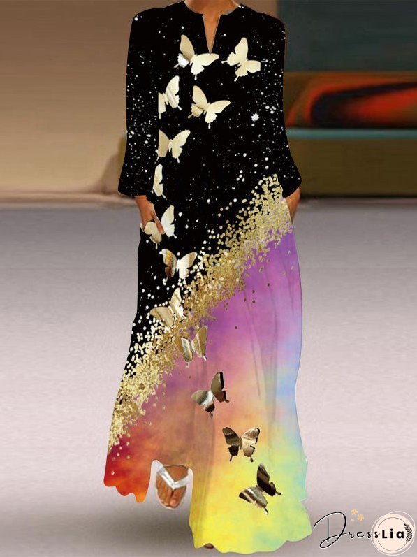 Women's Dresses Loose V-Neck Printed Pocket Long Sleeve Dress