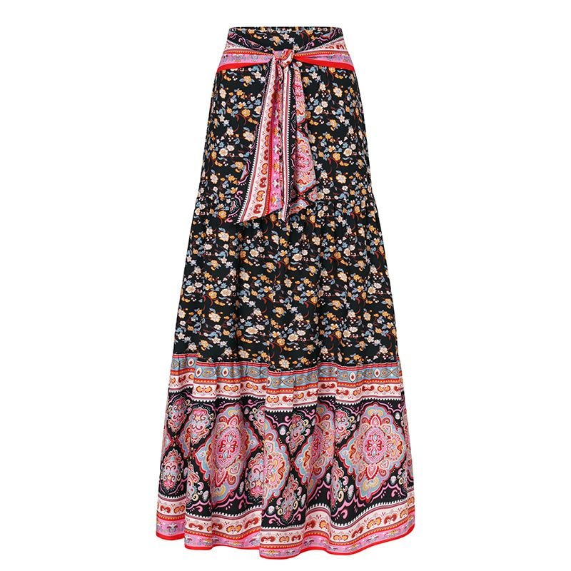 Long Skirts Women Fashion Flowers Printed Maxi Skirt Celmia 2021 Autumn Bohemian Vintage Pleated Belted Casual Loose Party Skirt