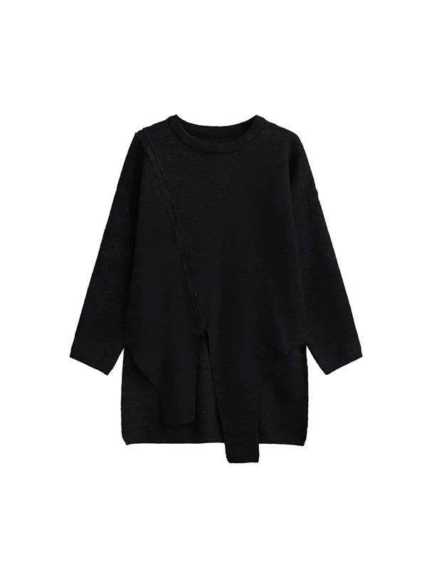 Street Grey Round-neck Zipper Decor Irregular High-low Hem Long Sleeve Sweater 