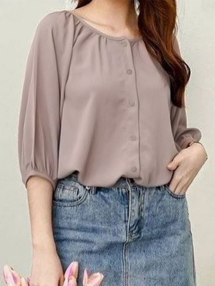 ZANZEA Korean Round Neck Tops Holiday Solid Blouses Women 2023 Summer Half Sleeve Shirts Casual Loose Buttons Pleats Top