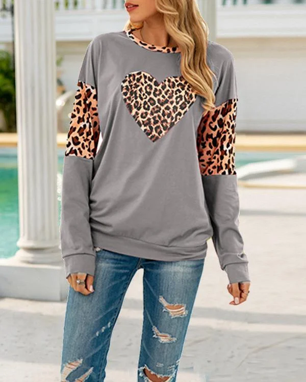 Leopard Heart Print Long Sleeve Sweatshirt