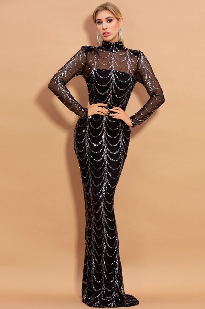 Chic Black Sequins Mermaid Prom Dress Long Slevees High-Neck Evening Gowns - lulusllly