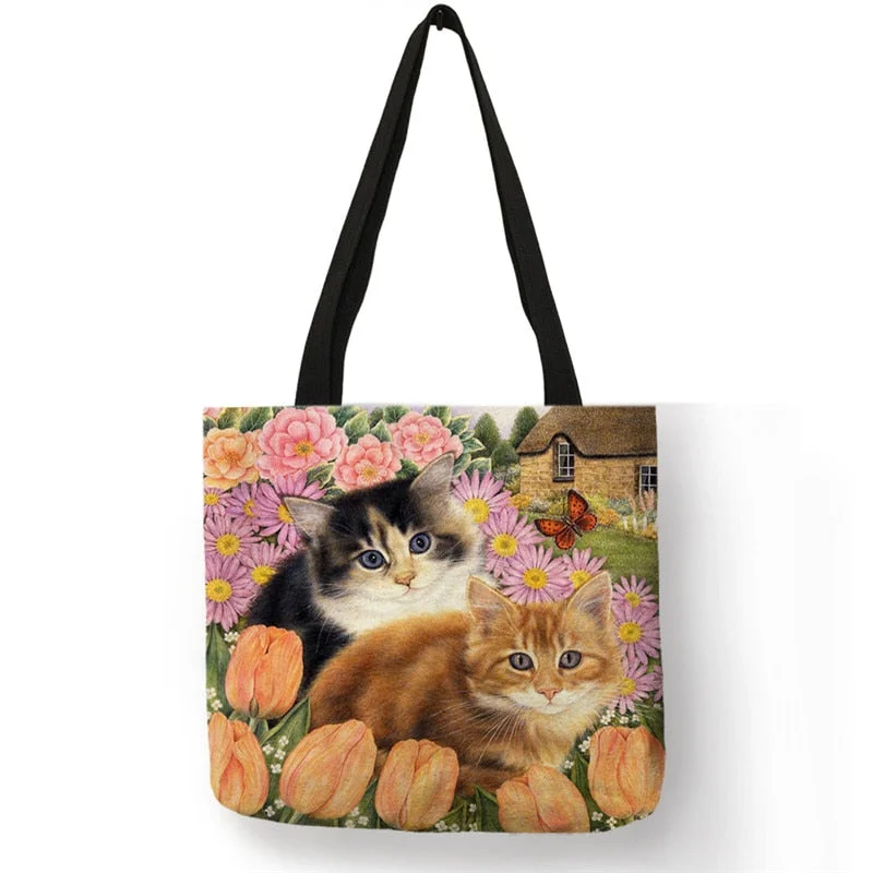 B13025 Cute Cat Flower Painting Print Womens Designer Tote Bags Women Handbag Large Shopping Bag Foldable For Groceries