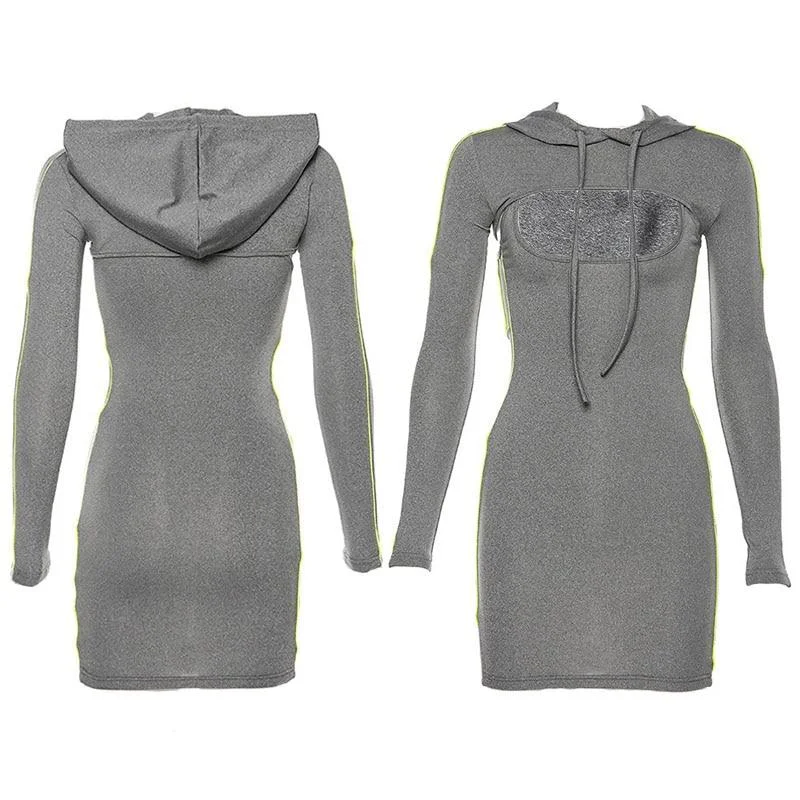 WOMENGAGA 2XL Plus Size Spring Fashion Solid Tight Hooded Long Sleeve Low Bust  Two Piece Full Sleeve Hot  Mini Dress V8