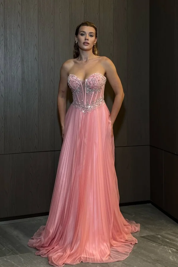 Miabel Gorgeous Pink Sweetheart Sleeveless Sequins Beaded Pleated Prom Dress   