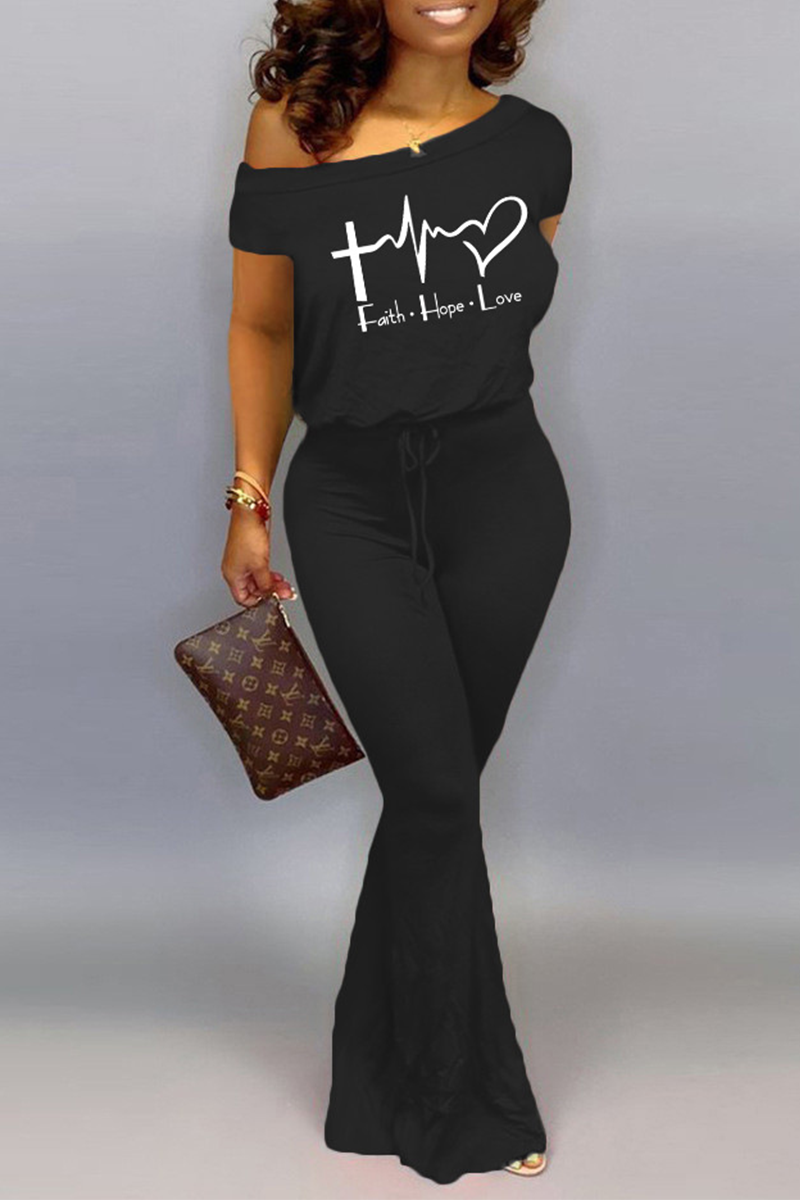 Fashion Print Split Joint One Shoulder Boot Cut Jumpsuits