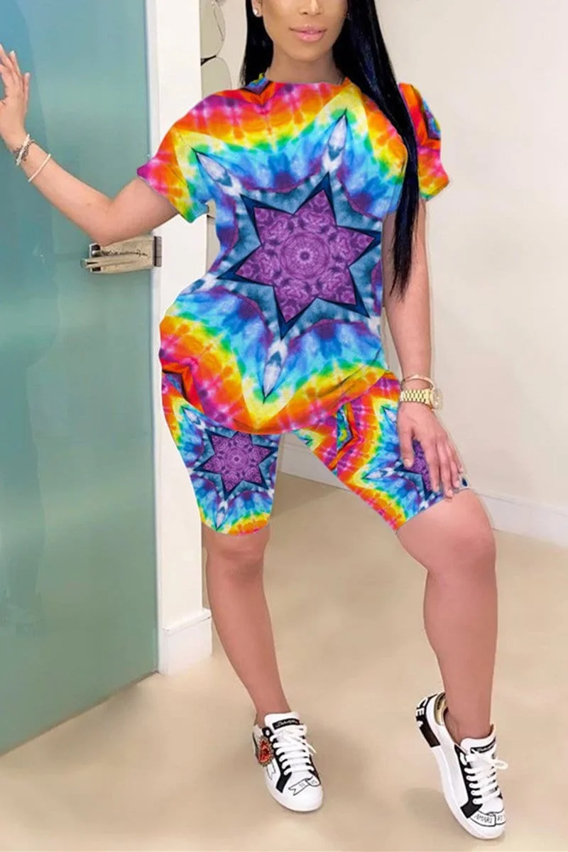 Casual Print Multicolor Short Sleeve Two Piece