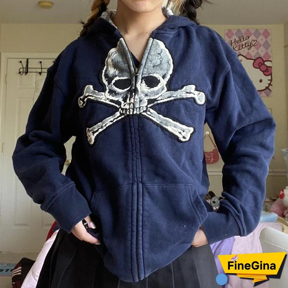 Women Jacket Goth Skull Clothes Zip Up Long Sleeve Hooded Tops With Pockets Y2k Aesthetic Grunge Fairycore Coat