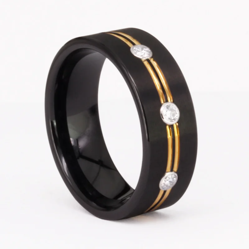 8MM Women's Or Men's Black Flat Tungsten Carbide Rings with Gold Grooved and Zircon Inlay