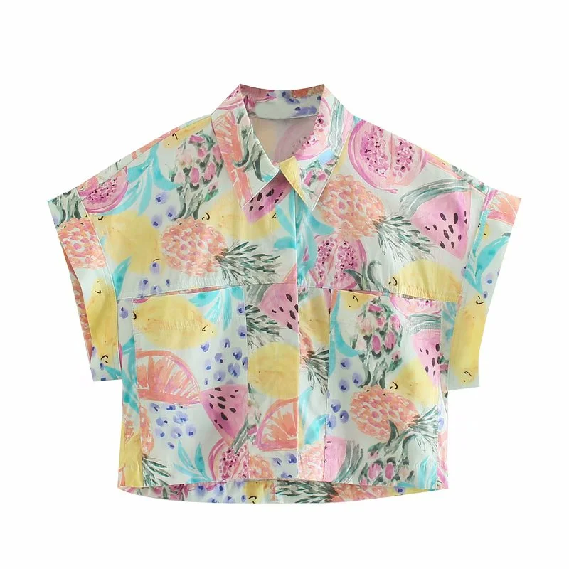 Zevity 2021 Women Fashion Tropical Fruit Print Short Smock Blouse Female Single Breasted Casual Shirts Chic Blusas Tops LS9320