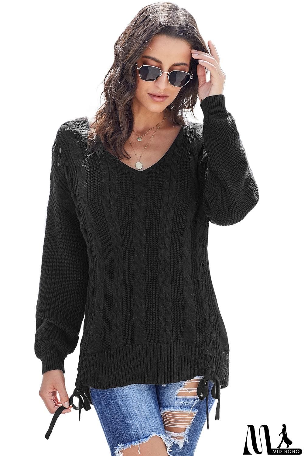 MidiSono - Love Letters Cable Knit Lace Up Sweater