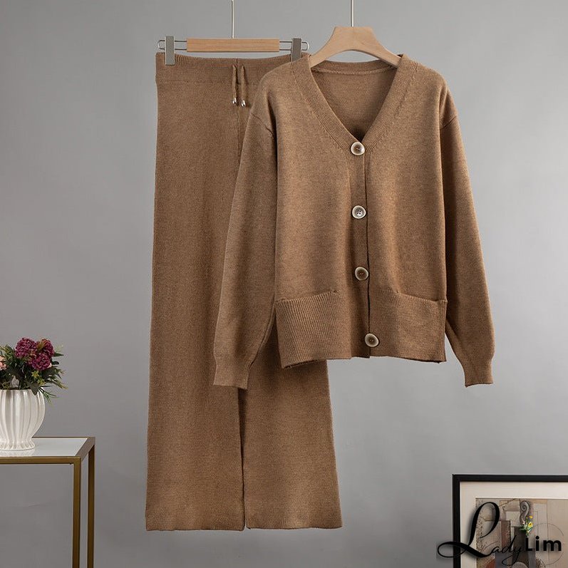Wide-Leg Pants Suit with V-Neck Cardigan Sweater