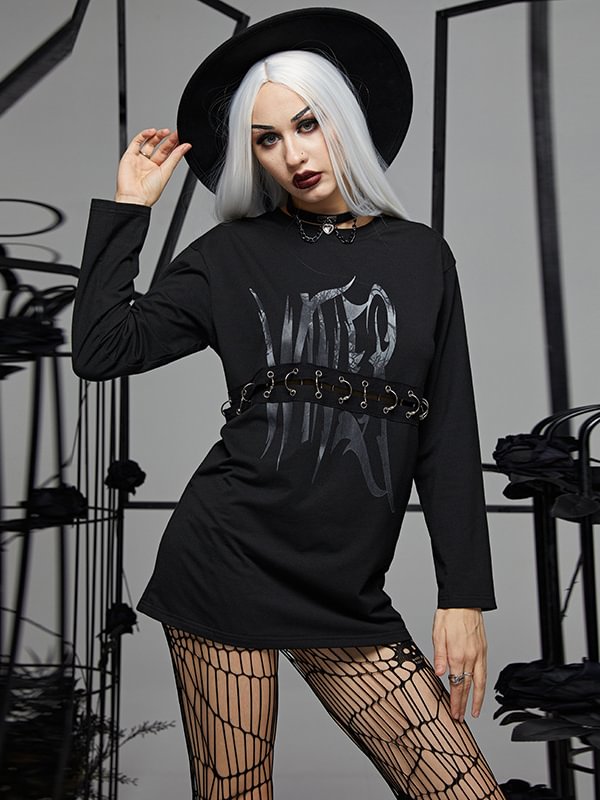 Goth Letter Graphic Printed O-rings Decoration Sweatshirt