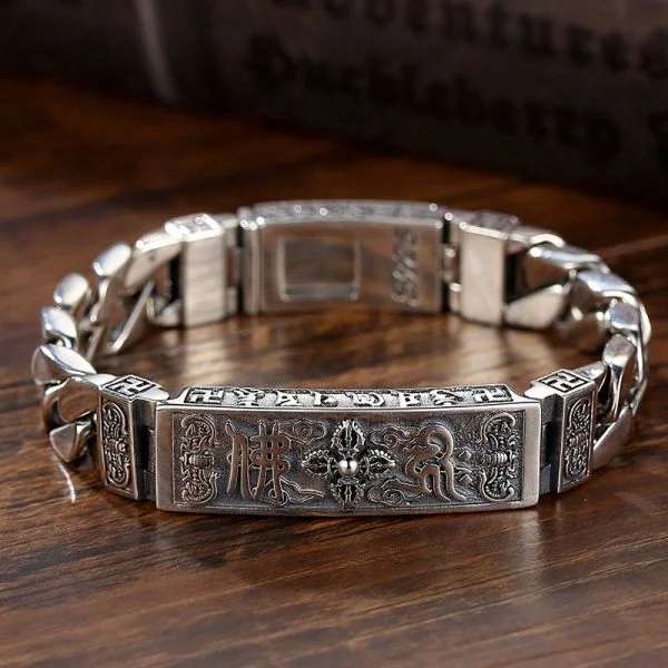 Sterling Silver Buddhist Mantra Vajra Curb Chain Bracelet