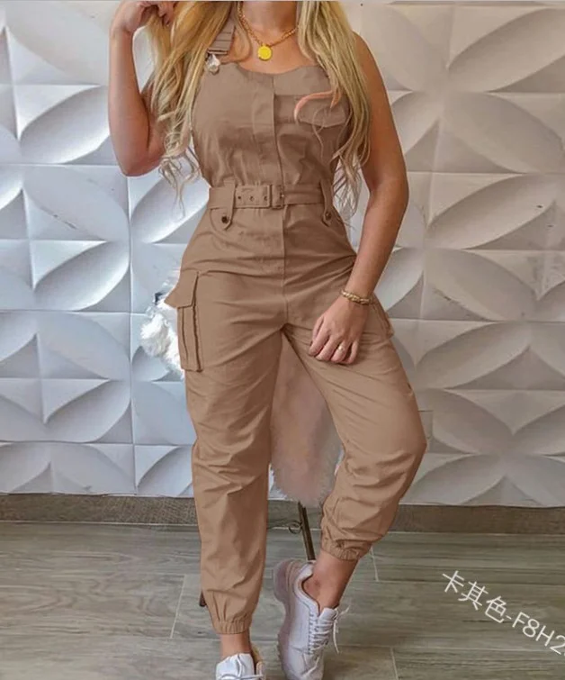 Brownm Brownm Women's Work-Packed Pocket Design Jumpsuit Sleeveless Backs And Trousers Simple Restraints Trousers + Belts