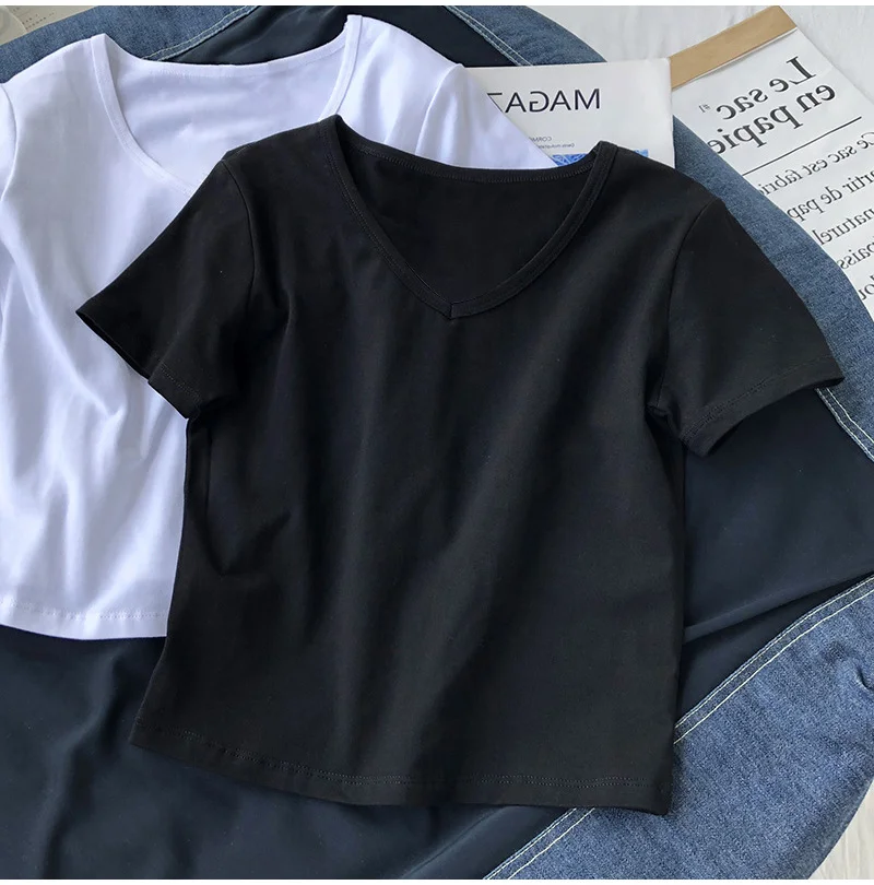 Uveng Uveng Women With Ins Tight Short Sleeve V-Neck Solid Color Short T-Shirt In Summer 2024