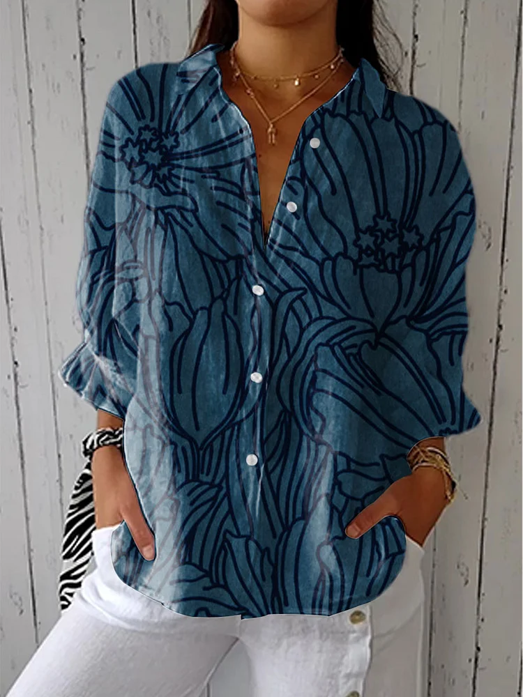 Women's Vintage Floral Art Print Casual Linen V-neck Shirt