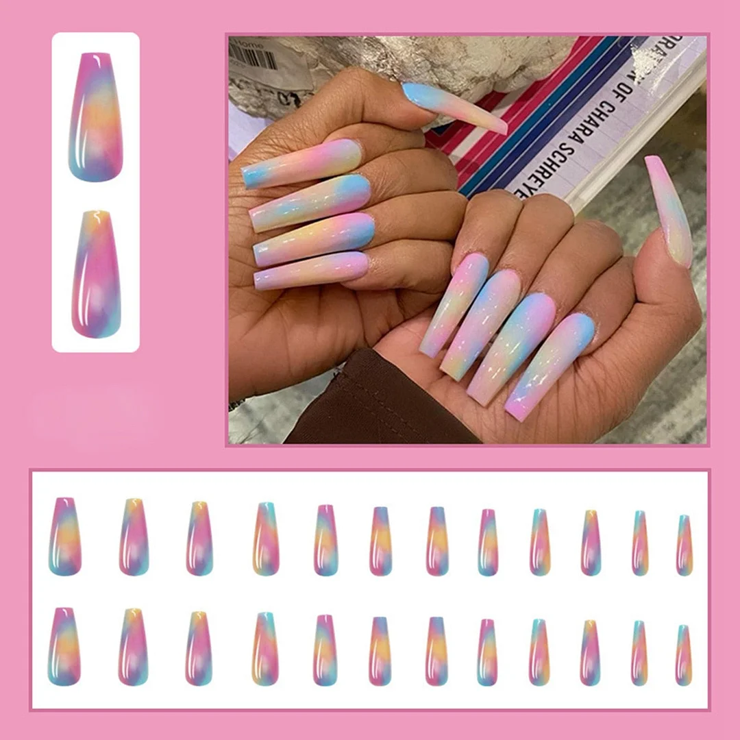 24pcs Rainbow fake nails with designs Long Coffin Ballerina False Nails Press On Nails with Glue Manicure Nail Accessory Tips