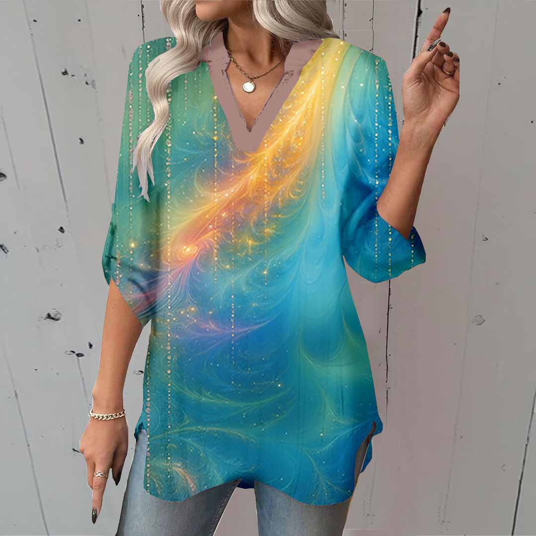 Women Glitter,Floral,Green DZGA0003 3/4 Sleeve V-neck Printed Graphic Button Tops