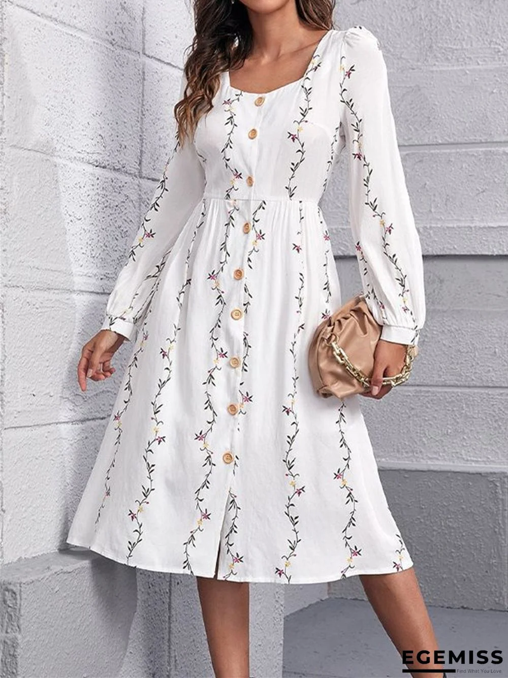 Printed Square Collar Loose Long Sleeve Dress | EGEMISS