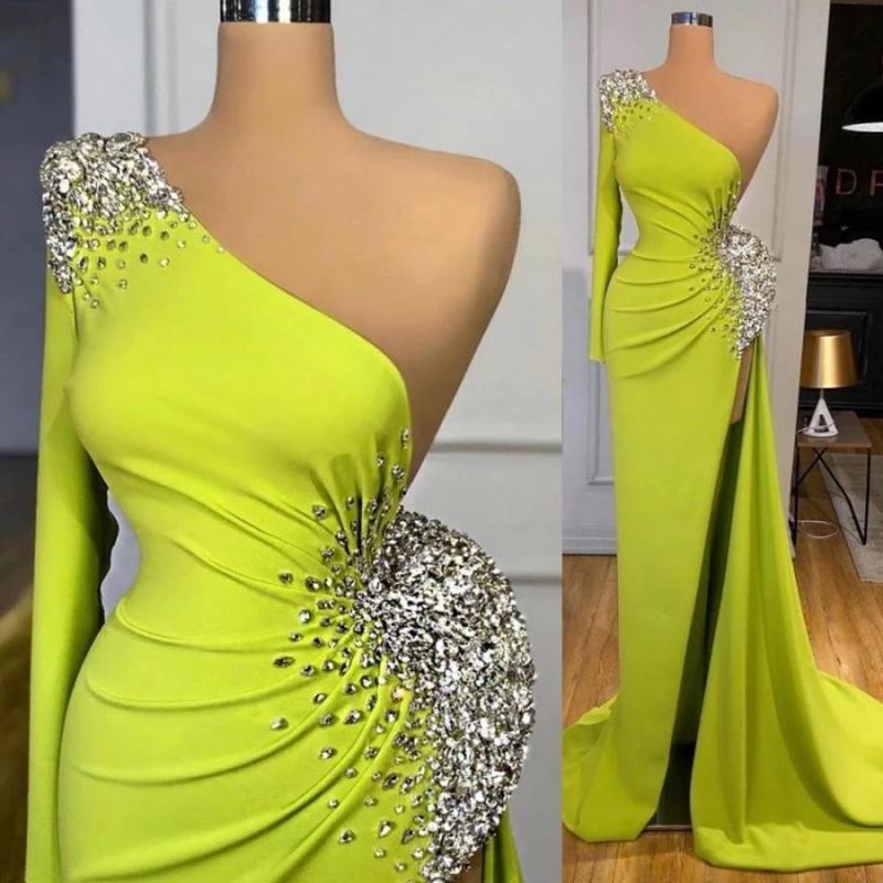 Daisda Mermaid Yellow Green Long Sleeves Prom Dress Split With Beads