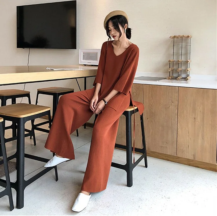 Dubeyi Knitted Suit Autumn Women Set V Neck Long Pullovers Sweater + Wide Legs Pants Suit Female Tracksuit Two Piece Set Women