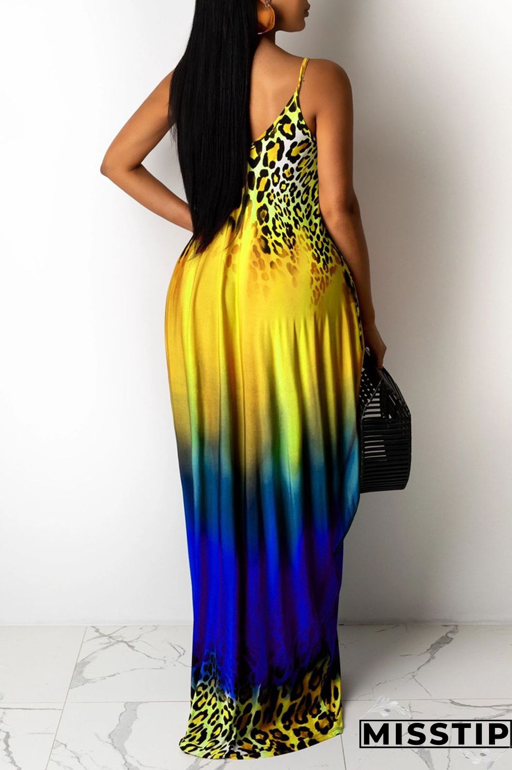 Blue Sexy Casual Print Backless V Neck Sling Loose Dress