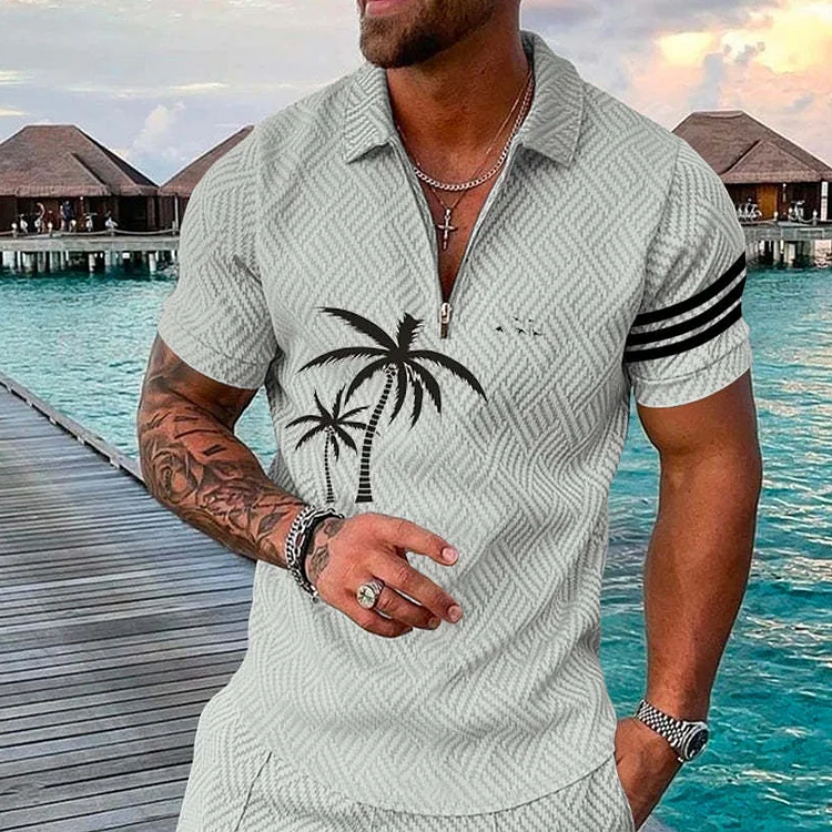 BrosWear Vintage Coconut Print Short Sleeve Polo Print Top