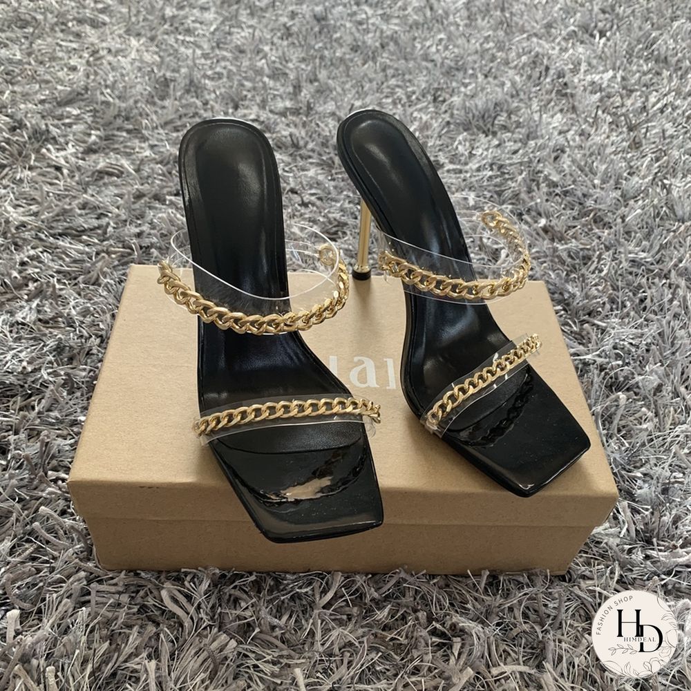 Summer Women Sandals Square Toe Ladies Heel Mules Clear PVC Transparent High Heels Slippers Female Fashion Chain Shoes Woman