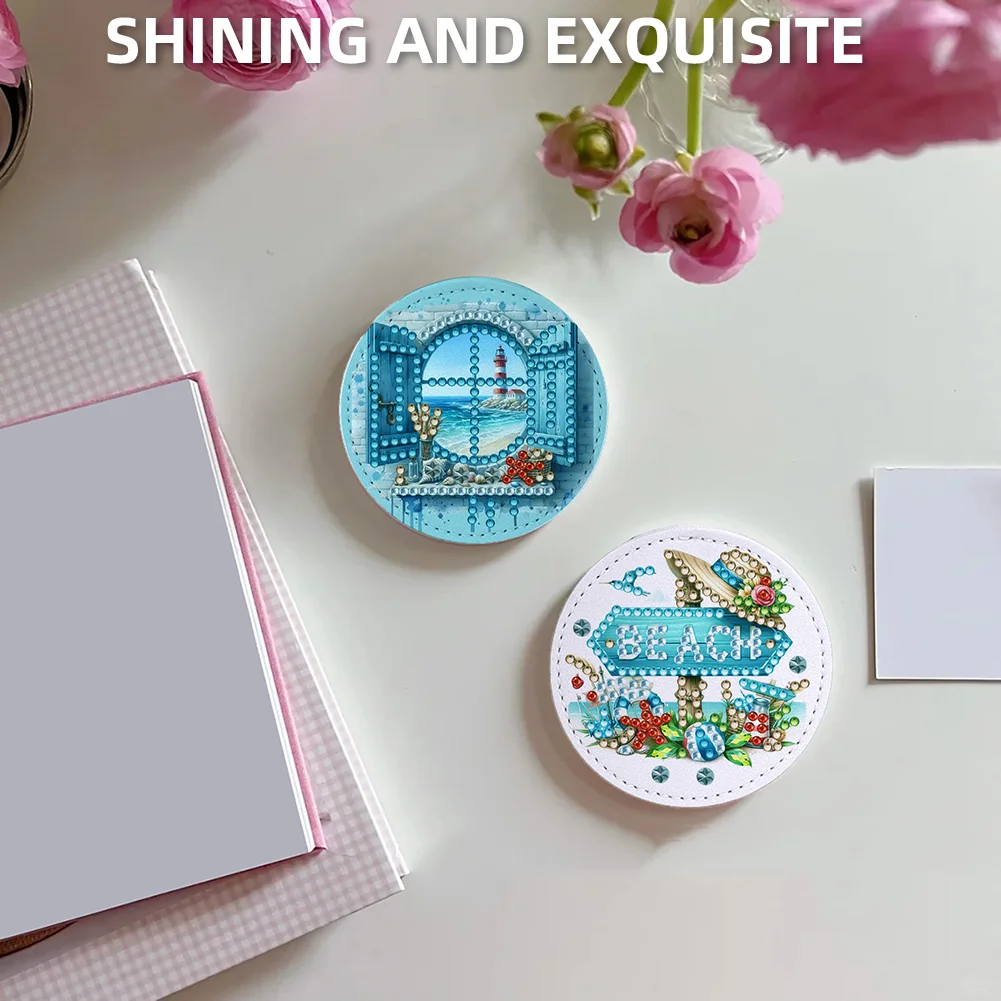 DIY Diamond Art Portable Cosmetic Mirror Home Diamond Painting Crafts (Beach)
