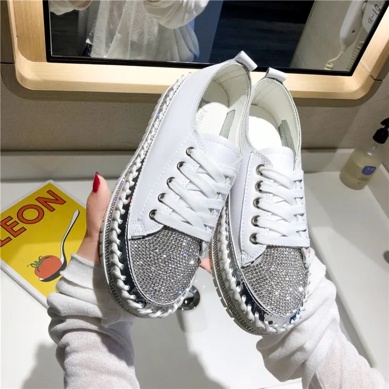 Lucyever Women Crystal Flat Shoes 2019 Autumn Fashion Bing Lace Up Ladies Casual Shoes Comfortable Round Toe Platform Sneakers