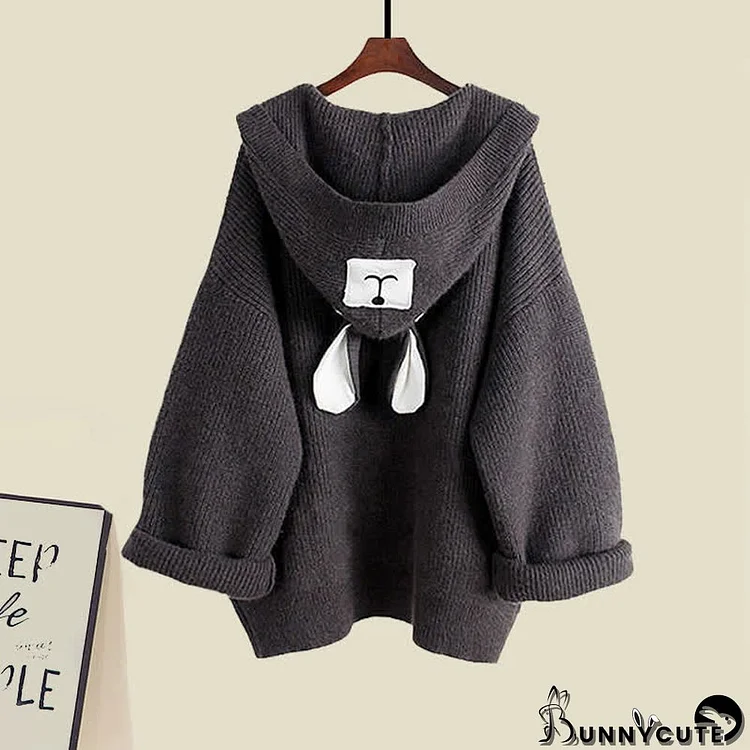 Bear Ears Hooded Cardigan Sweater Belted Lapel A-line Dress