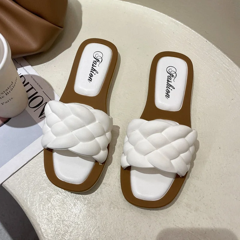 Summer 2021 Trend Braided Slippers Women Flat Outdoor Weave Slides Rubber Sole Open Toe Beach Casual Sandals Ladies Cozy Shoes