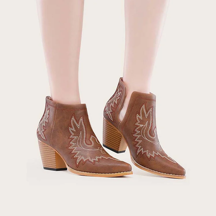 HUXM Coutout Western Cowgirl Boots Slip on Chunky Heel Ankle Booties