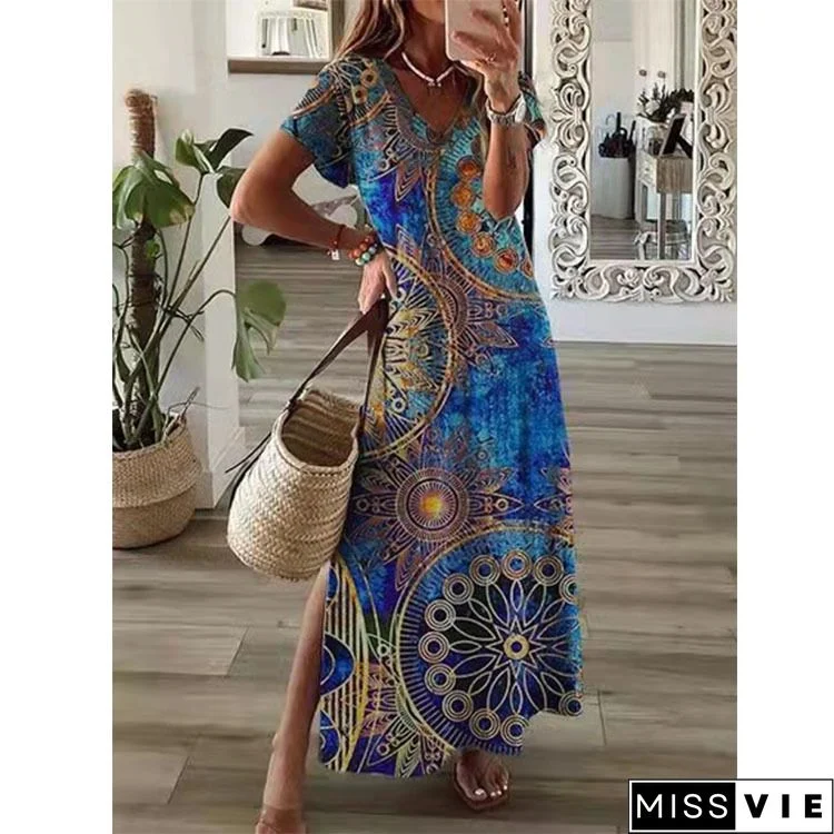 V Neck Ethnic Short Sleeve Plus Size Casual Dresses