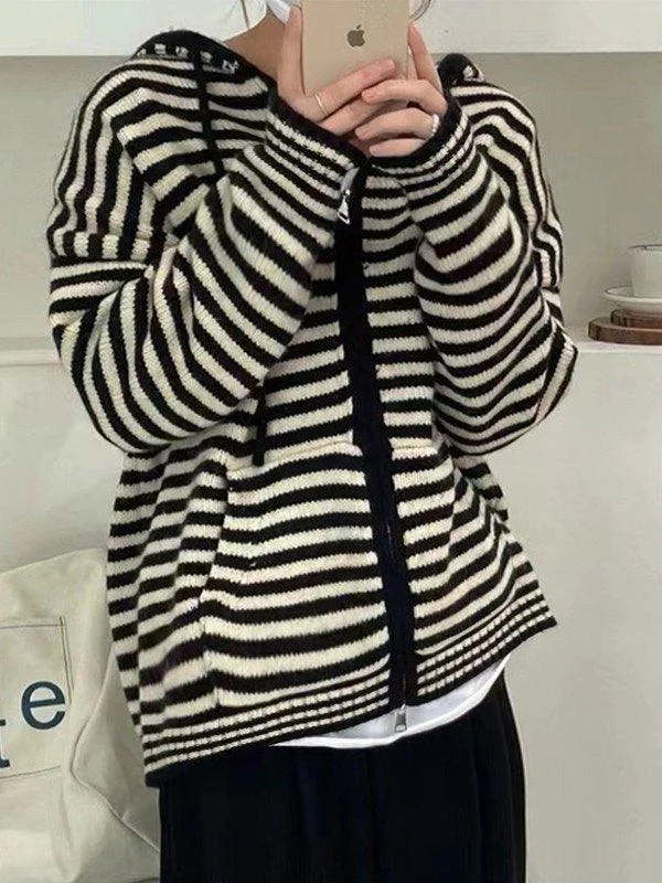 Brownm Hooded Striped Long Sleeve Knit Cardigan