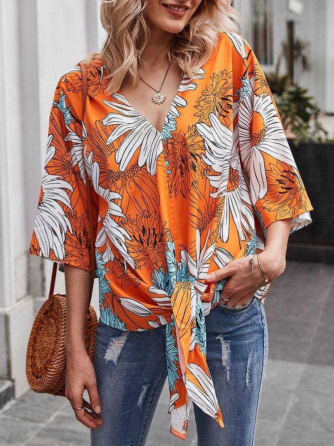 Orange Shift Half Sleeve Sunflower Shirt & Top