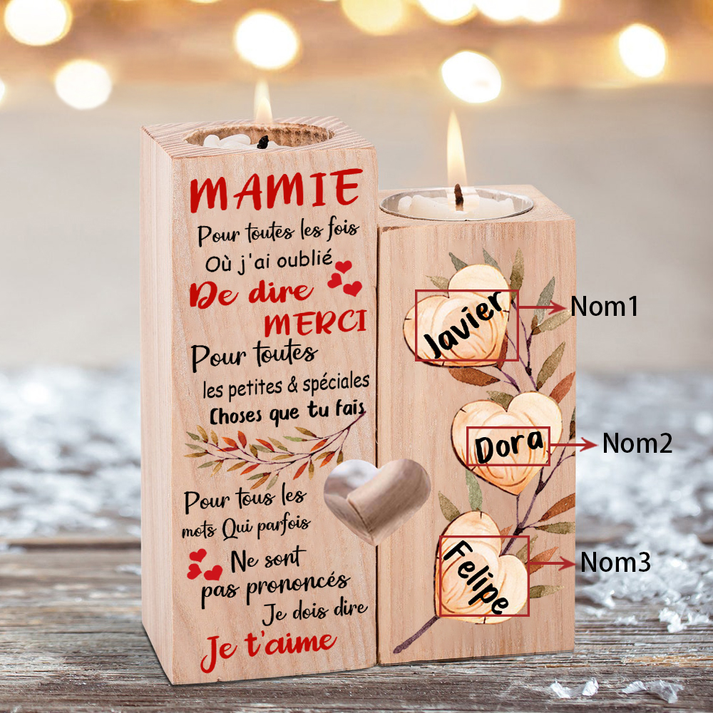 À Ma Mamie - Bougeoir en Bois 3 Prénoms Personnalisés sans bougie
